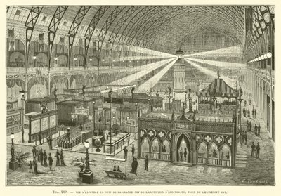 Nighttime Overview of the Great Nave of the Electricity Exhibition, Taken from the East End by French School